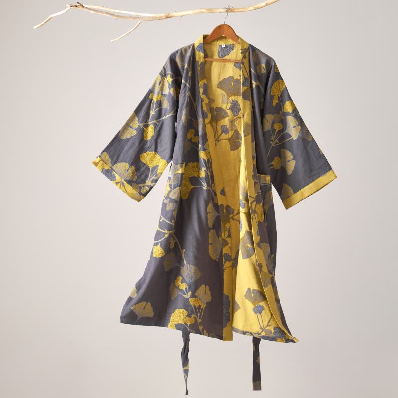 Peignoir kimono en gaze de coton et ginkgo - Gris foncé - XL - image 26