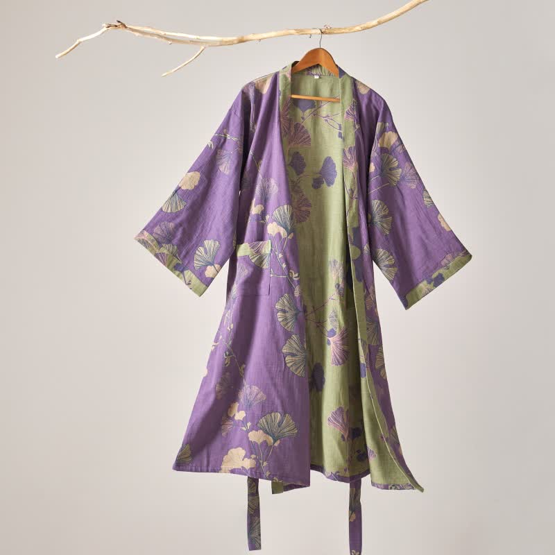 Peignoir kimono en gaze de coton et ginkgo - Violet - XL - image 0