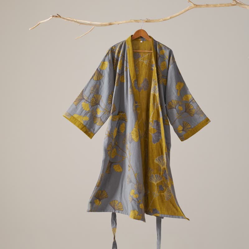Peignoir kimono en gaze de coton et ginkgo - Gris clair - XL - image 32