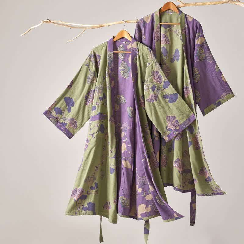 Peignoir kimono en gaze de coton et ginkgo - image 1