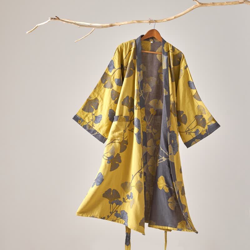 Peignoir kimono en gaze de coton et ginkgo - Jaune - XL - image 9