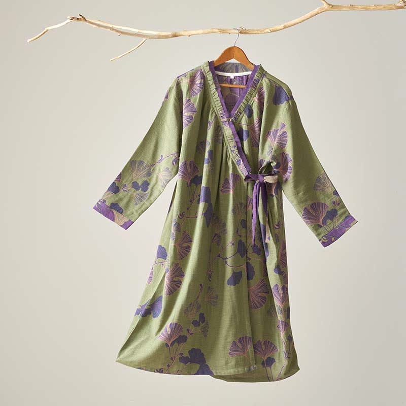Chemise de nuit en coton inspirée du Hanfu et ornée de feuilles de ginkgo - Vert - XL - image 8