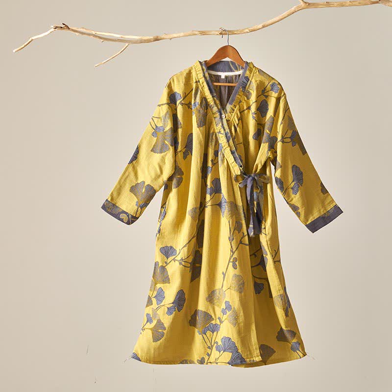 Chemise de nuit en coton inspirée du Hanfu et ornée de feuilles de ginkgo - Jaune - XL - image 0