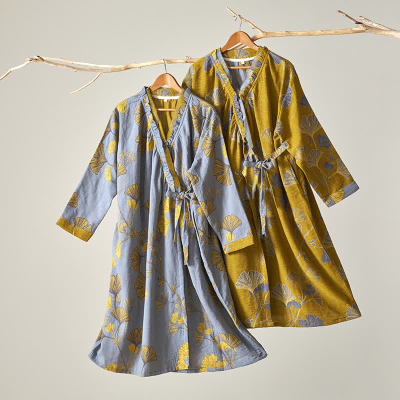 Chemise de nuit en coton de style Hanfu à motif de feuilles de ginkgo - image 3
