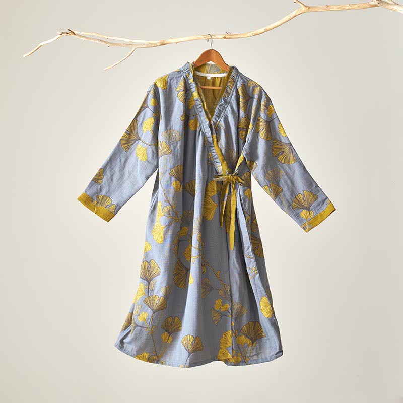 Chemise de nuit en coton inspirée du Hanfu et ornée de feuilles de ginkgo - Gris clair - XL - image 16