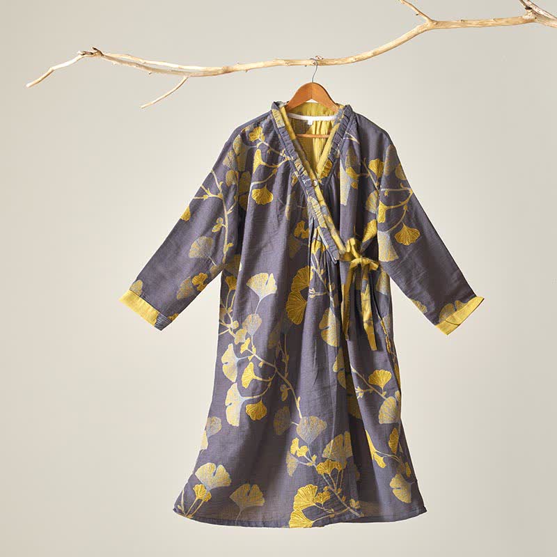 Chemise de nuit en coton de style Hanfu à motif de feuilles de ginkgo - Gris foncé - XL - image 12
