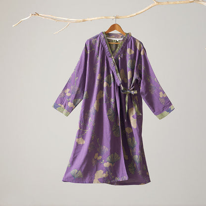 Chemise de nuit en coton inspirée du Hanfu et ornée de feuilles de ginkgo - Violet - XL - image 20