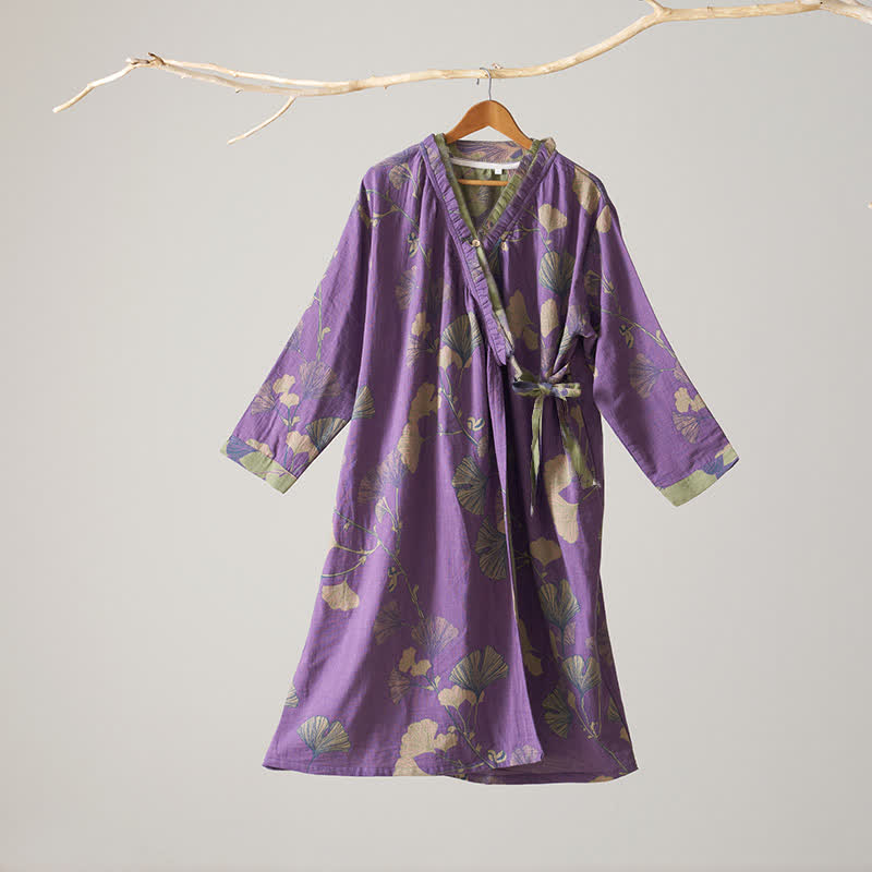 Chemise de nuit en coton de style Hanfu à motif de feuilles de ginkgo - Violet - XL - image 20