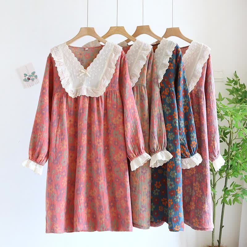 Chemise de nuit à manches longues en gaze de coton Ownkoti à motif floral - image 0