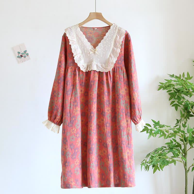 Chemise de nuit à manches longues en gaze de coton Ownkoti à motif floral - Rose - XL - image 3