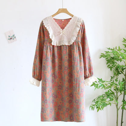 Chemise de nuit à manches longues en gaze de coton Ownkoti à motif floral - Vert - XL - image 12