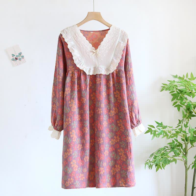 Chemise de nuit à manches longues en gaze de coton Ownkoti à motif floral - Violet - XL - image 14