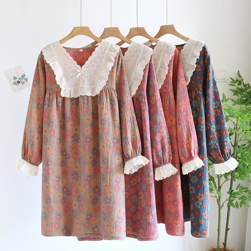 Chemise de nuit à manches longues en gaze de coton Ownkoti à motif floral - image 1