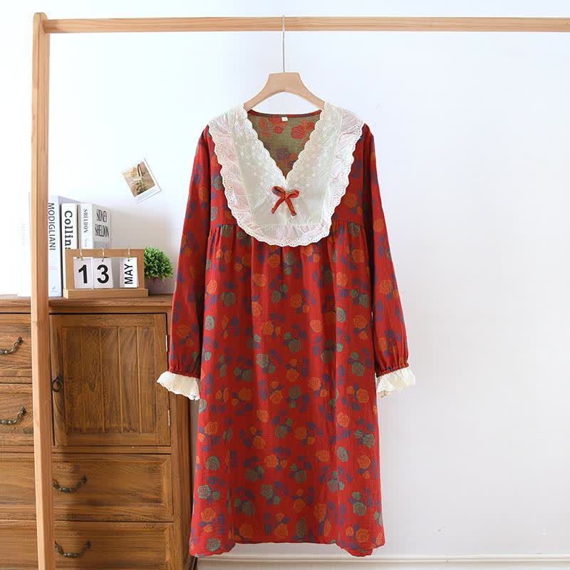 Nuisette à manches longues en gaze de coton rose Ownkoti - Rouge - XL - image 0