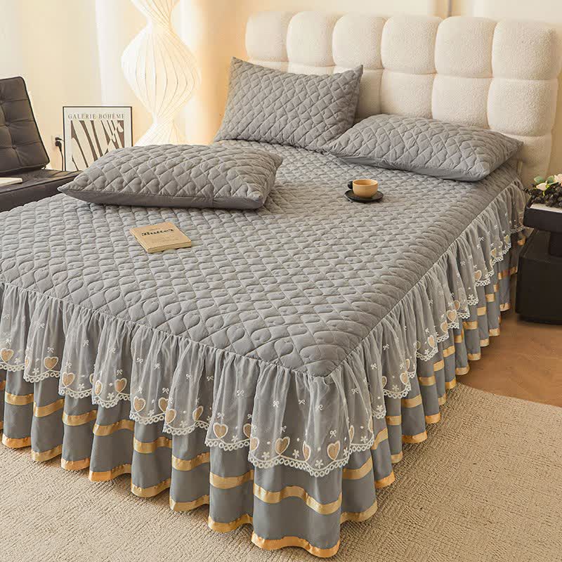 Drap matelassé Ownkoti Heart - Gris clair - Jupe de lit, drap-housse et 2 taies d'oreiller - 200 cm x 220 cm - image 9
