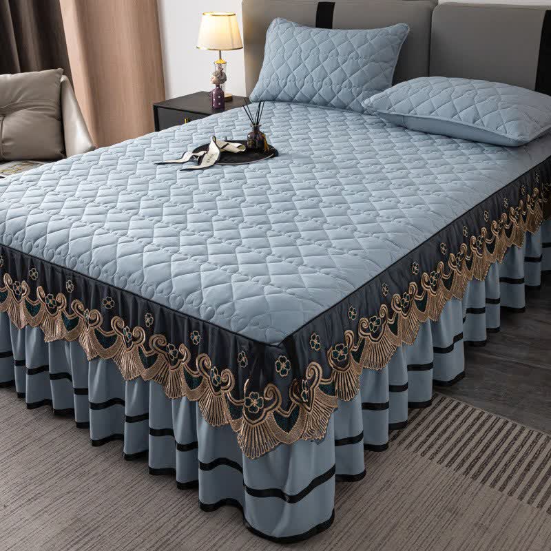 Jupe de lit matelassée en dentelle à motif cœur Ownkoti et drap-housse - Bleu ciel - Jupe de lit, drap-housse et 2 taies d'oreiller - 200 cm x 220 cm - image 17