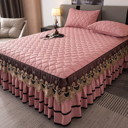 Jupe de lit matelassée en dentelle à motif cœur Ownkoti et drap-housse - Rose - Jupe de lit, drap-housse et 2 taies d'oreiller - 200 cm x 220 cm - image 10