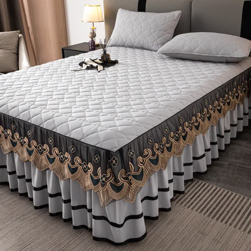 Jupe de lit matelassée en dentelle à motif cœur Ownkoti et drap-housse - Gris clair - Jupe de lit, drap-housse et 2 taies d'oreiller - 200 cm x 220 cm - image 8