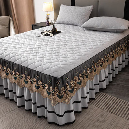 Jupe de lit matelassée en dentelle à motif cœur Ownkoti et drap-housse - Gris clair - Jupe de lit, drap-housse et 2 taies d'oreiller - 200 cm x 220 cm - image 8