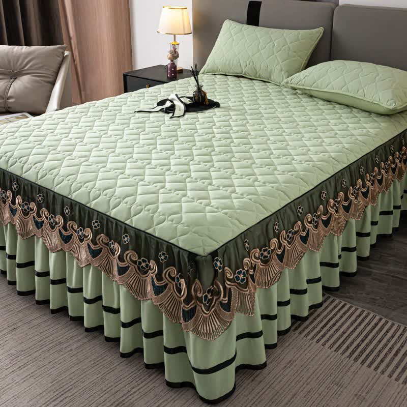 Jupe de lit matelassée en dentelle à motif cœur Ownkoti et drap-housse - Vert - Jupe de lit, drap-housse et 2 taies d'oreiller - 200 cm x 220 cm - image 14