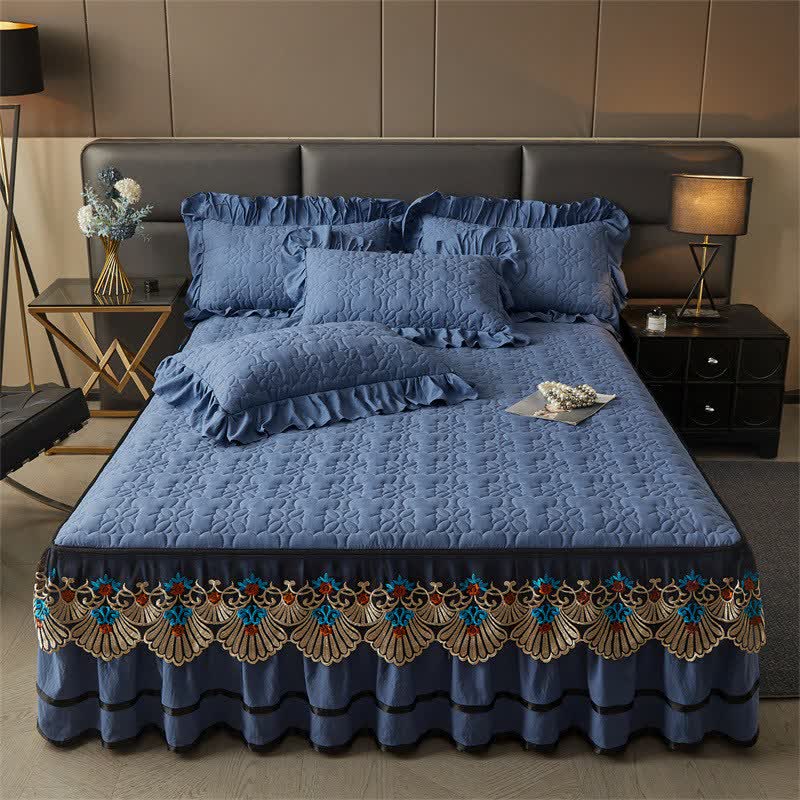 Drap matelassé Ownkoti avec jupe de lit amovible - bleu foncé - Jupe de lit, drap-housse et 2 taies d'oreiller - 200 cm x 220 cm - image 0