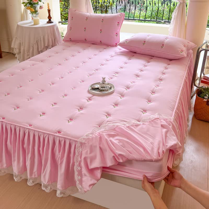 Drap de lit Ownkoti brodé de tulipes - Rose - 2 taies d'oreiller - 48 cm x 74 cm - image 6