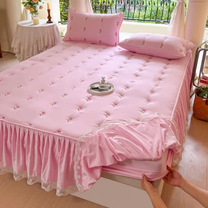 Drap de lit Ownkoti brodé de tulipes - Rose - 2 taies d'oreiller - 48 cm x 74 cm - image 6