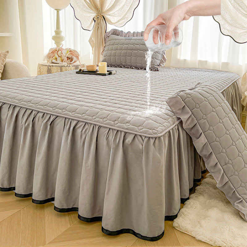 drap matelassé à carreaux Ownkoti - Gris clair - Jupe de lit, drap-housse et 2 taies d'oreiller - 200 cm x 220 cm - image 8