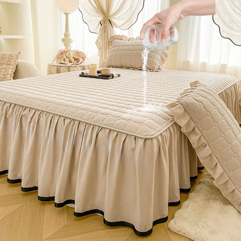 drap matelassé à carreaux Ownkoti - Café léger - Jupe de lit, drap-housse et 2 taies d'oreiller - 200 cm x 220 cm - image 11