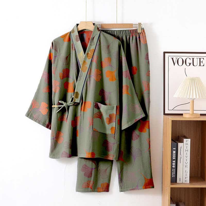 Ensemble kimono Ginkgo en gaze de coton - Vert et vin - XL - image 33