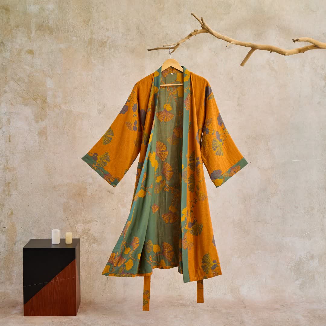Grand kimono en coton à motifs de feuilles de ginkgo - Jaune et vert - XL - image 8