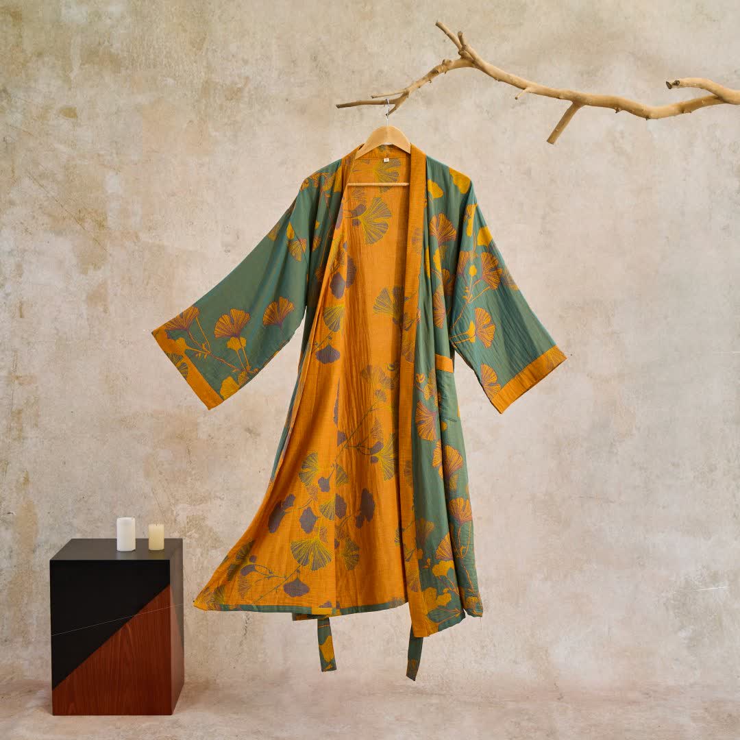 Grand kimono en coton à motifs de feuilles de ginkgo - Vert et jaune - XL - image 6
