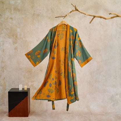 Grand kimono en coton à motifs de feuilles de ginkgo - Vert et jaune - XL - image 6
