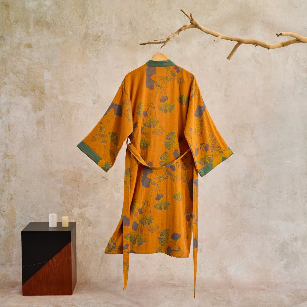 Grand kimono en coton à motifs de feuilles de ginkgo - image 9