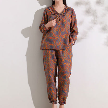 Ensemble de vêtements d'intérieur Ownkoti en coton avec motif jacquard géométrique et volants - 4XL - image 1