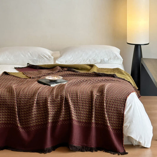 Couverture multifonctionnelle en coton jacquard vintage Ownkoti - Vin - 140 cm x 190 cm - image 0