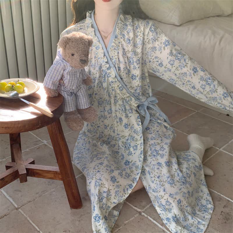 Chemise de nuit bleue Ownkoti à motif floral, manches longues et volants - image 2