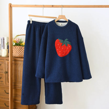 Ensemble de vêtements d'intérieur à motif fraise en polaire sherpa - bleu marine - XL - image 11