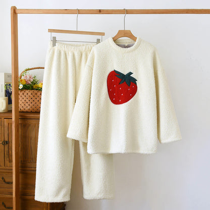 Ensemble de vêtements d'intérieur à motif fraise en polaire sherpa - Beige - XL - image 2