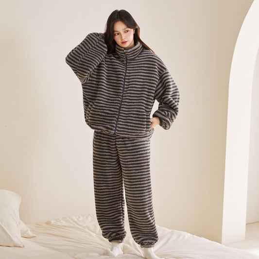 Ensemble de vêtements d'intérieur en peluche rayée Ownkoti avec fermeture éclair - Gris - XXL - image 0