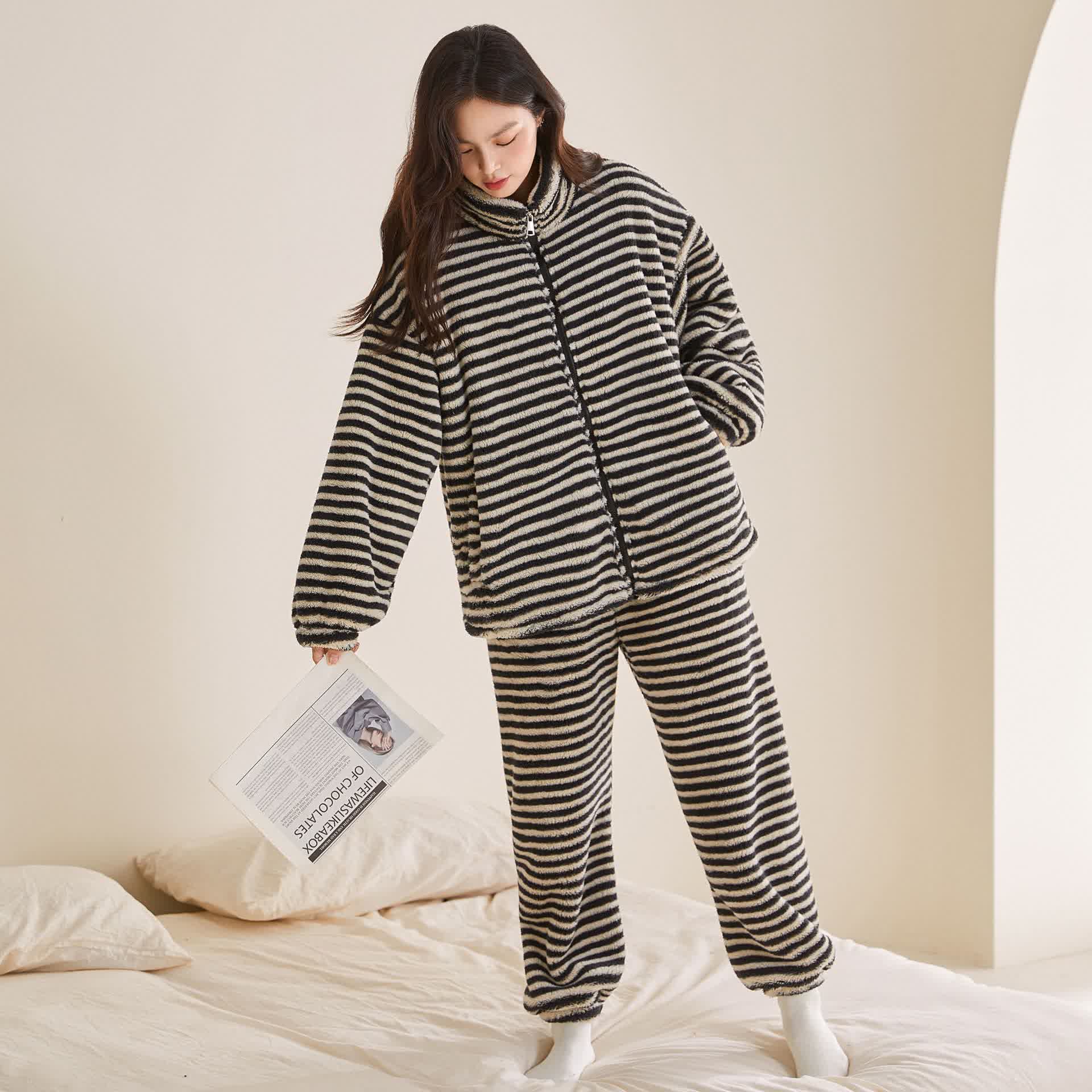 Ensemble de vêtements d'intérieur en peluche rayée Ownkoti avec fermeture éclair - Noir et blanc - XXL - image 6