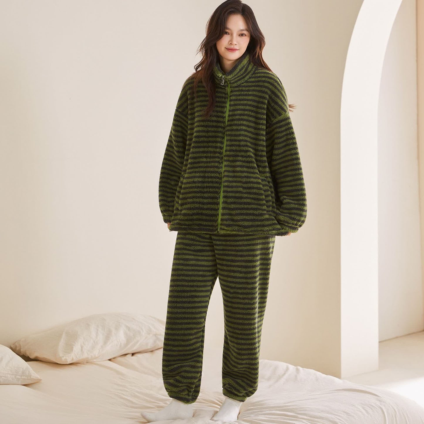 Ensemble de vêtements d'intérieur en peluche rayée Ownkoti avec fermeture éclair - Vert - XXL - image 3