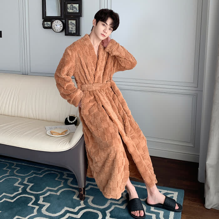 Peignoir en peluche Ownkoti à motif à carreaux uni - Brun - Taille homme : XXXL - image 7