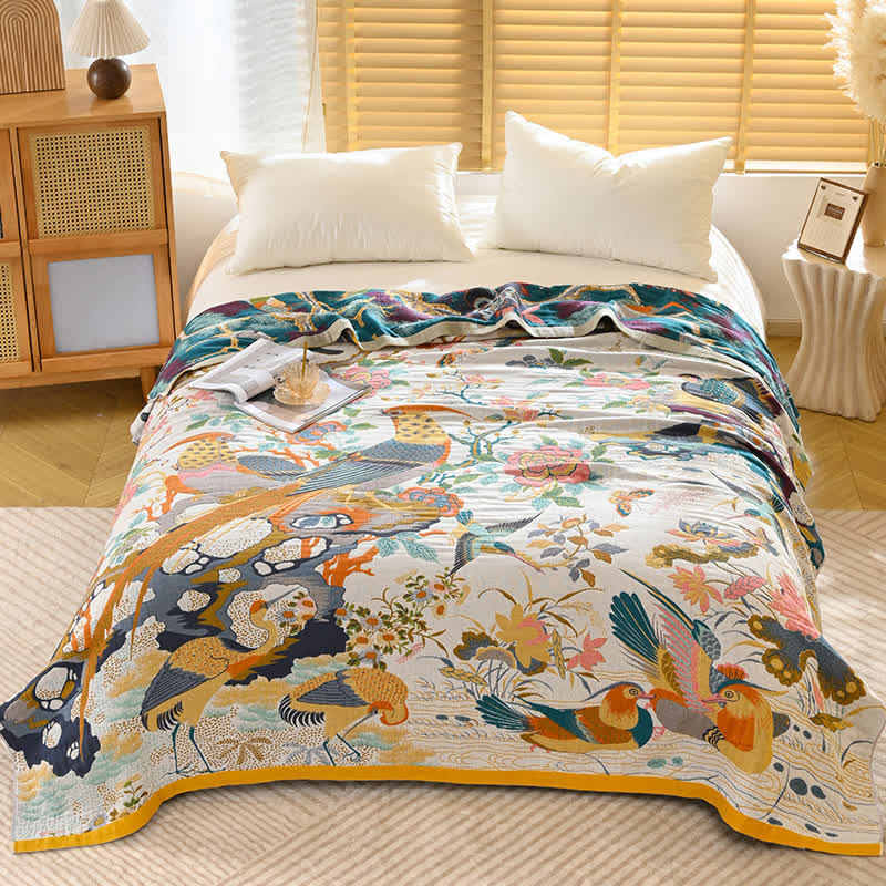 Couette de luxe en gaze de coton Ownkoti avec motif d'oiseaux et de fleurs - 230 cm x 250 cm - image 0