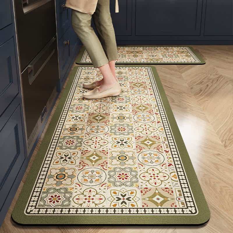 Tapis de cuisine rétro Ownkoti à motif géométrique vert - 60 cm x 90 cm + 60 cm x 200 cm - image 0