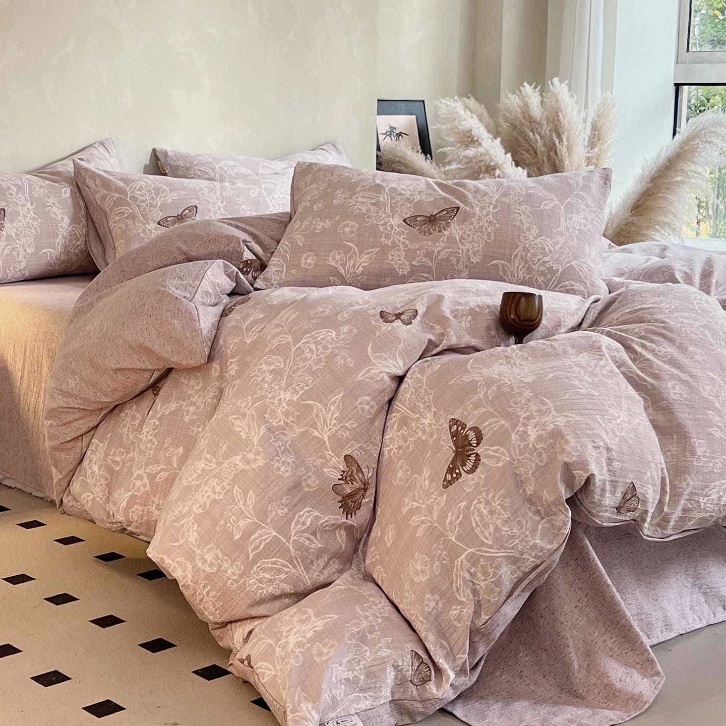 Ensemble de literie vintage Ownkoti avec motif papillon et fleur (4 pièces) - 220 cm x 240 cm - image 0