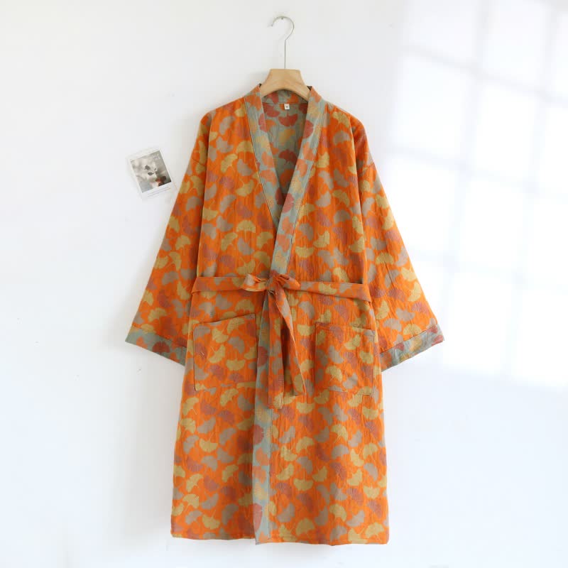 Peignoir en coton de style kimono Ownkoti avec feuille de ginkgo orange - image 2