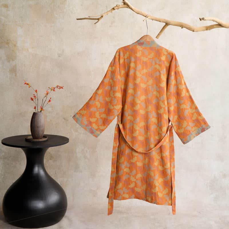Peignoir en coton de style kimono Ownkoti avec feuille de ginkgo orange - image 1
