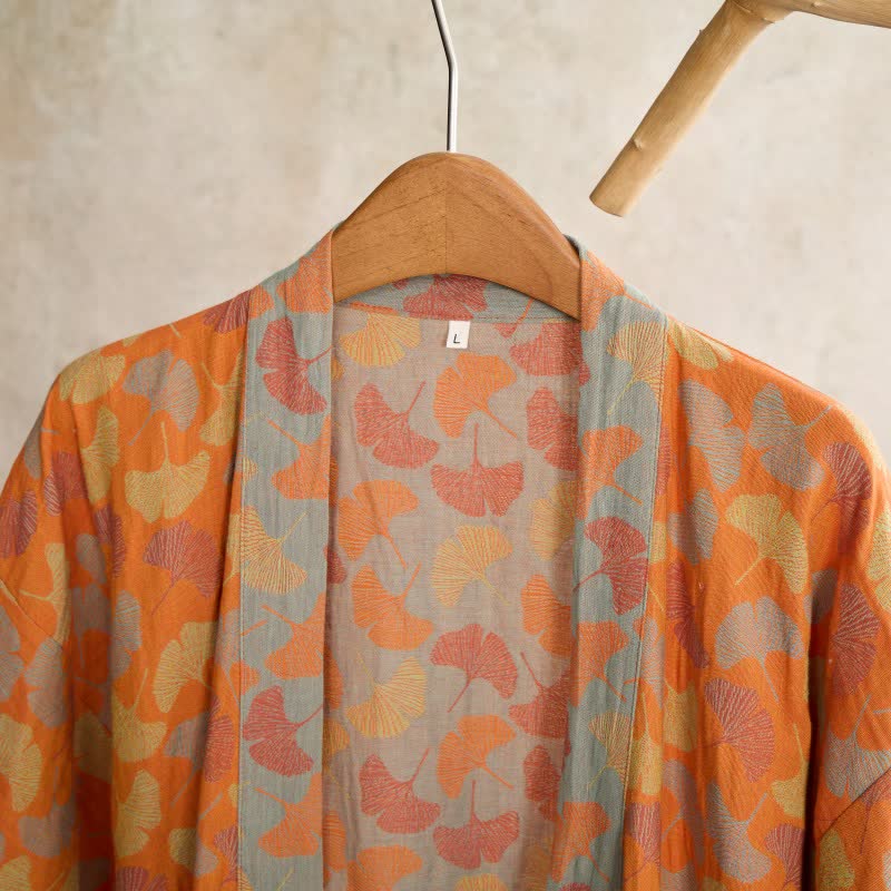 Peignoir en coton de style kimono Ownkoti avec feuille de ginkgo orange - image 3