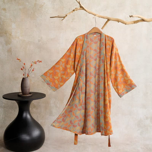 Peignoir en coton de style kimono Ownkoti avec feuille de ginkgo orange - Orange - L - image 0